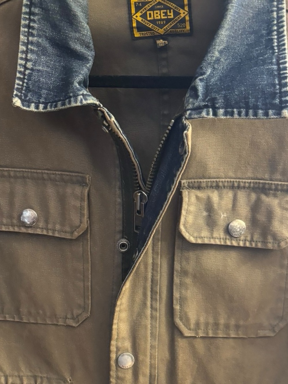 OBEY Men's Olive Brown Work Jacket with Denim Collar Size Small - Picture 3 of 6